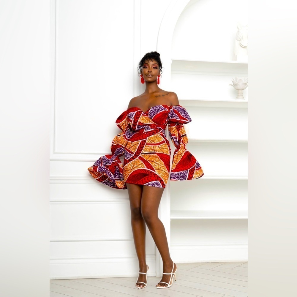 NWOT OFUURE Folabi African Print Off-Shoulder Puffy Sleeve Mini Dress XS